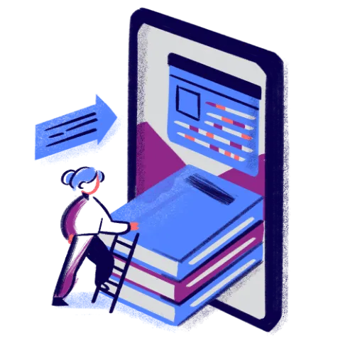 Illustration : une personne gravit une échelle posée sur une pile de livres pour atteindre l'écran d'un grand appareil numérique.